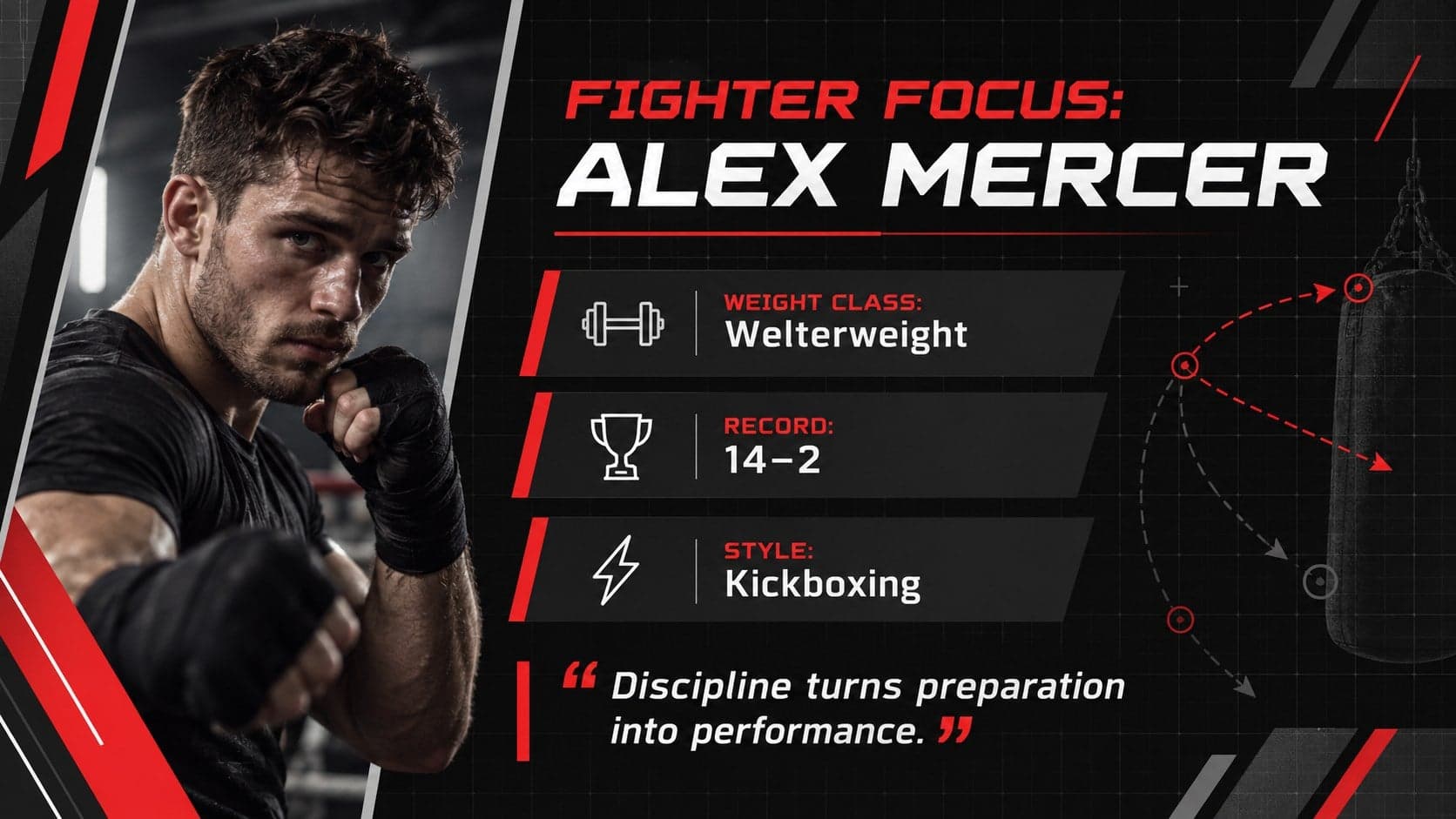 Fighter profile presentation slide featuring a record, weight class, and fighting style.