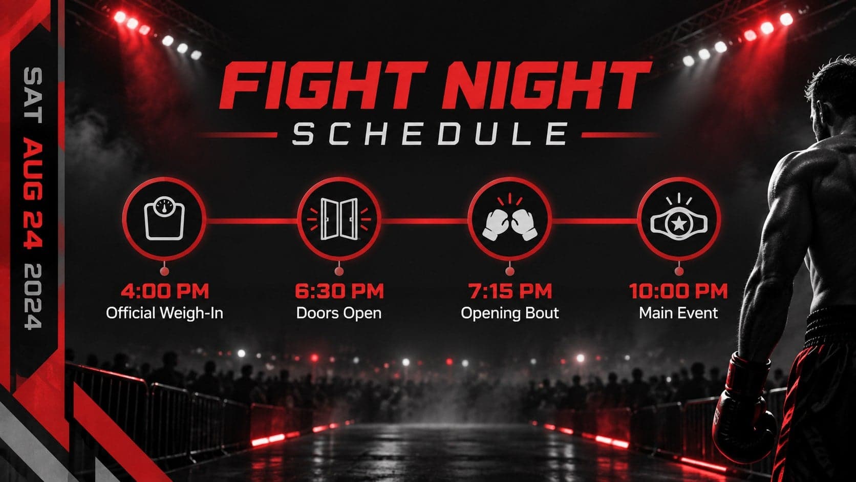 Fight night schedule slide with weigh-in, opening bout, and main event times.