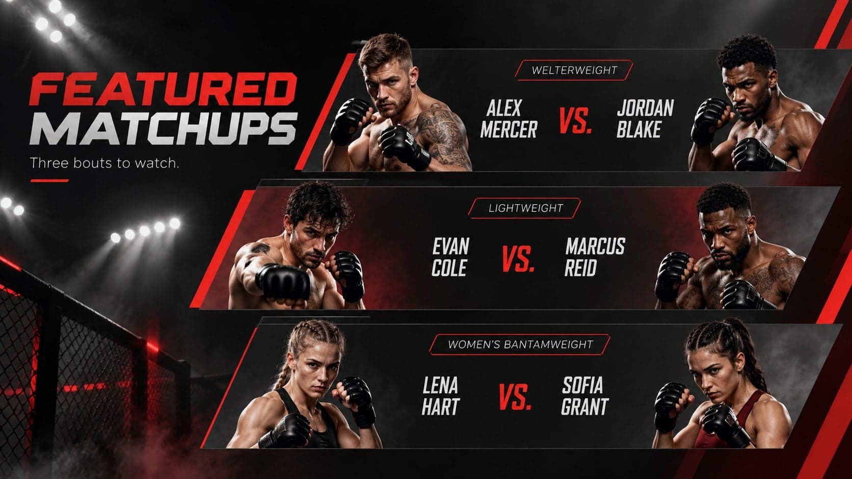 Boxing event update template showing three featured matchups on a fight card.