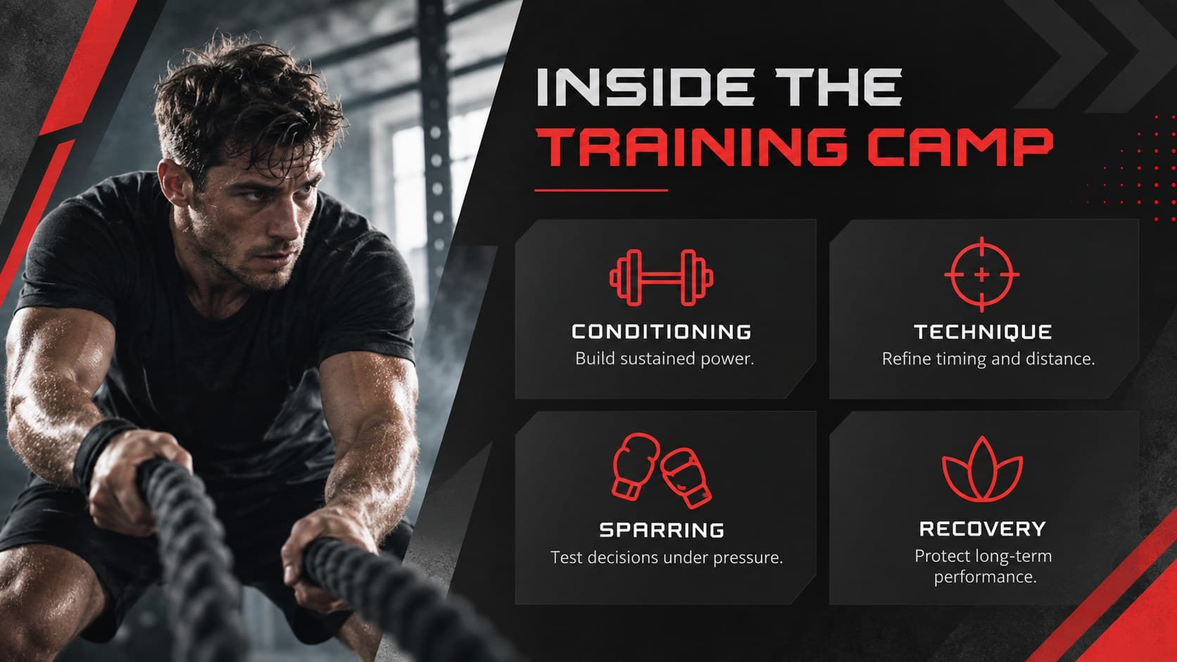 Martial arts gym bulletin slide outlining a four-part training camp routine.