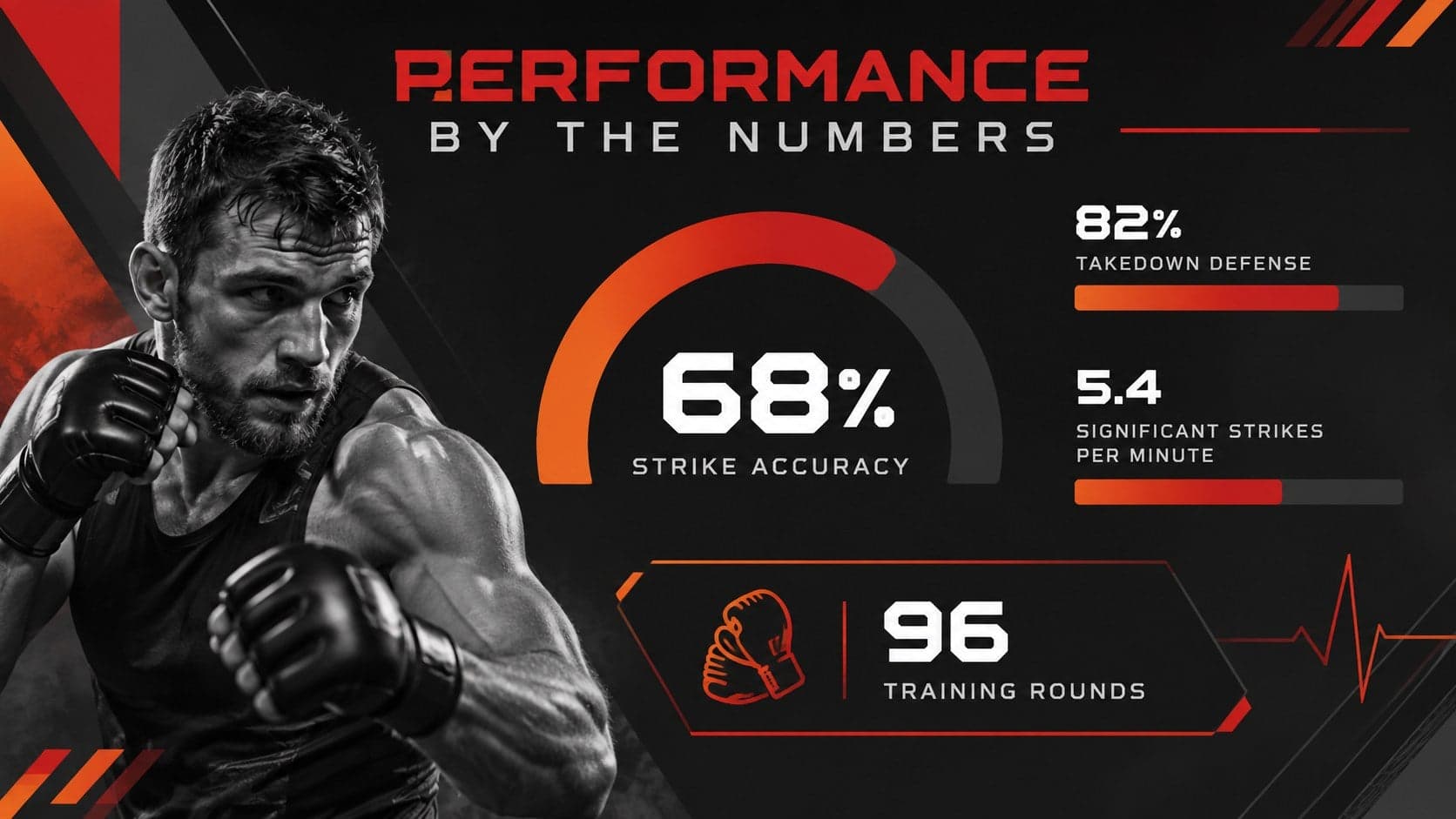 Performance statistics slide with strike accuracy and training metrics for a fighter profile.
