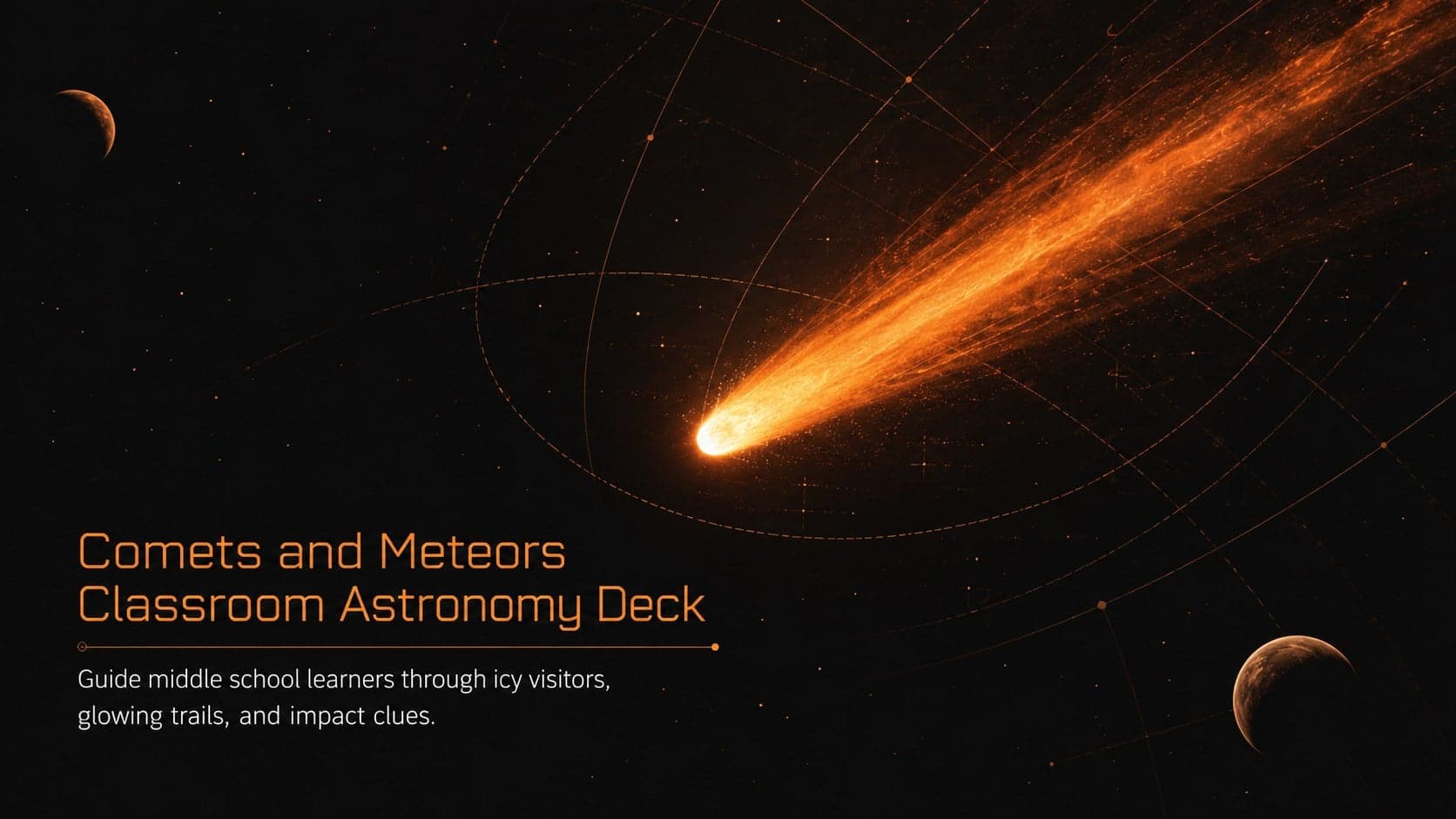 Cover of the Comets and Meteors Classroom Astronomy Deck with an orange comet crossing a minimal black star field.