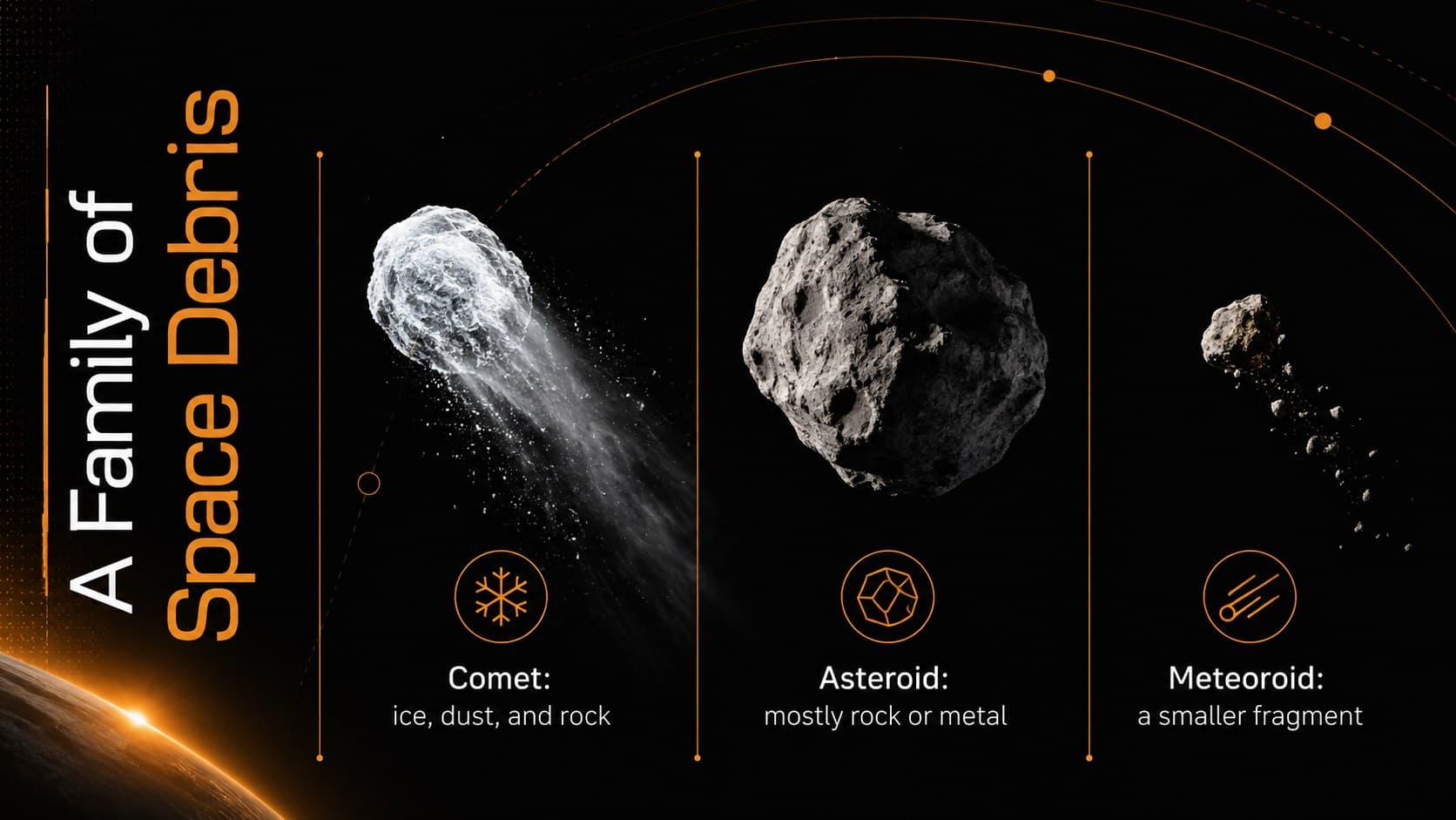 Space debris classification slide comparing comets, asteroids, and meteoroids for a middle school astronomy lesson.