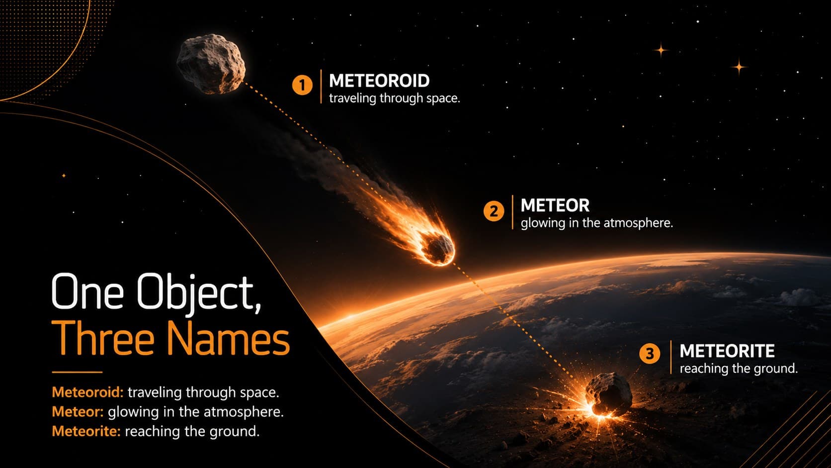 Meteoroid, meteor, and meteorite sequence slide explaining atmospheric entry.