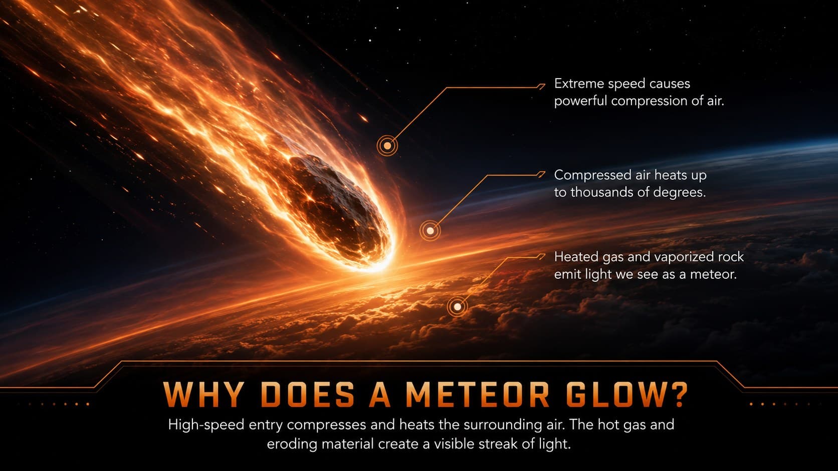 Atmospheric entry science slide explaining why a meteor produces a bright streak of light.