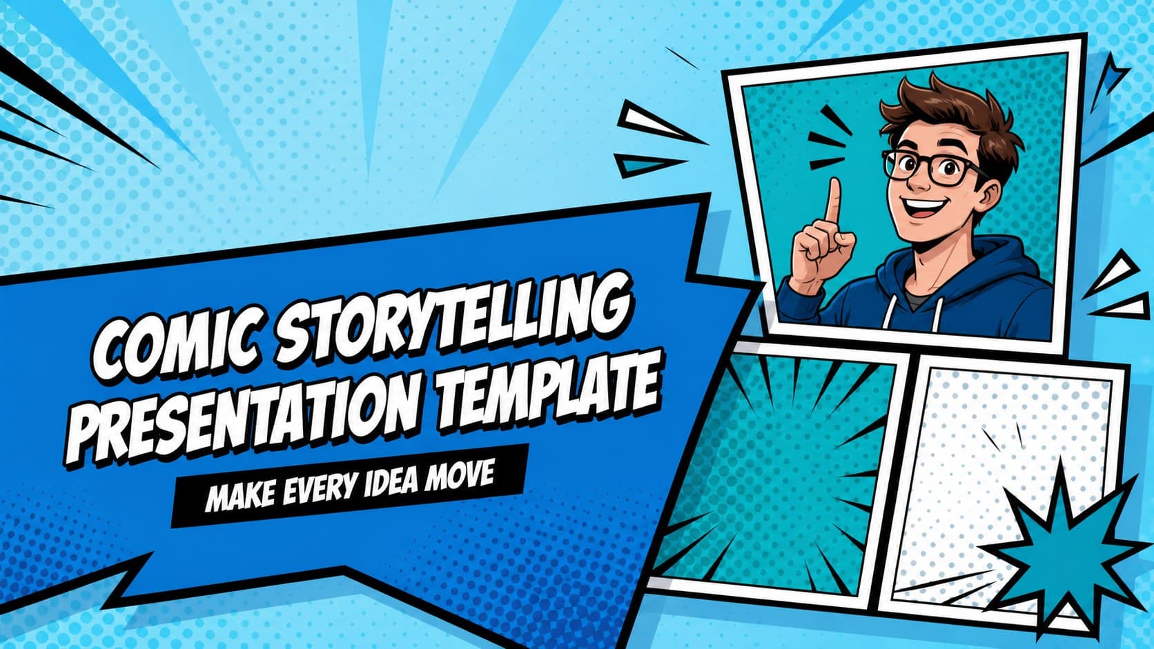 Cover slide for a comic storytelling presentation template with vivid blue panels and expressive typography.