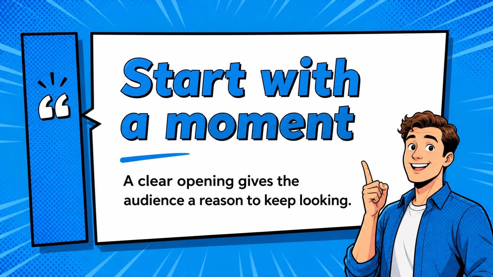 Opening statement slide with a bold comic panel introducing a visual narrative slide deck.