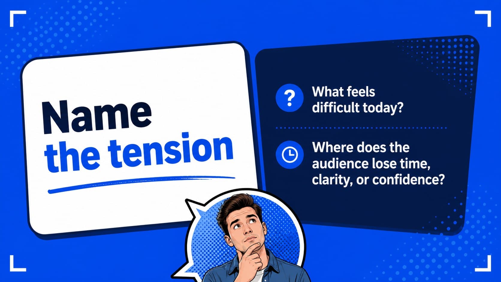 Two-column comic slide explaining the audience problem with vivid blue speech bubble accents.