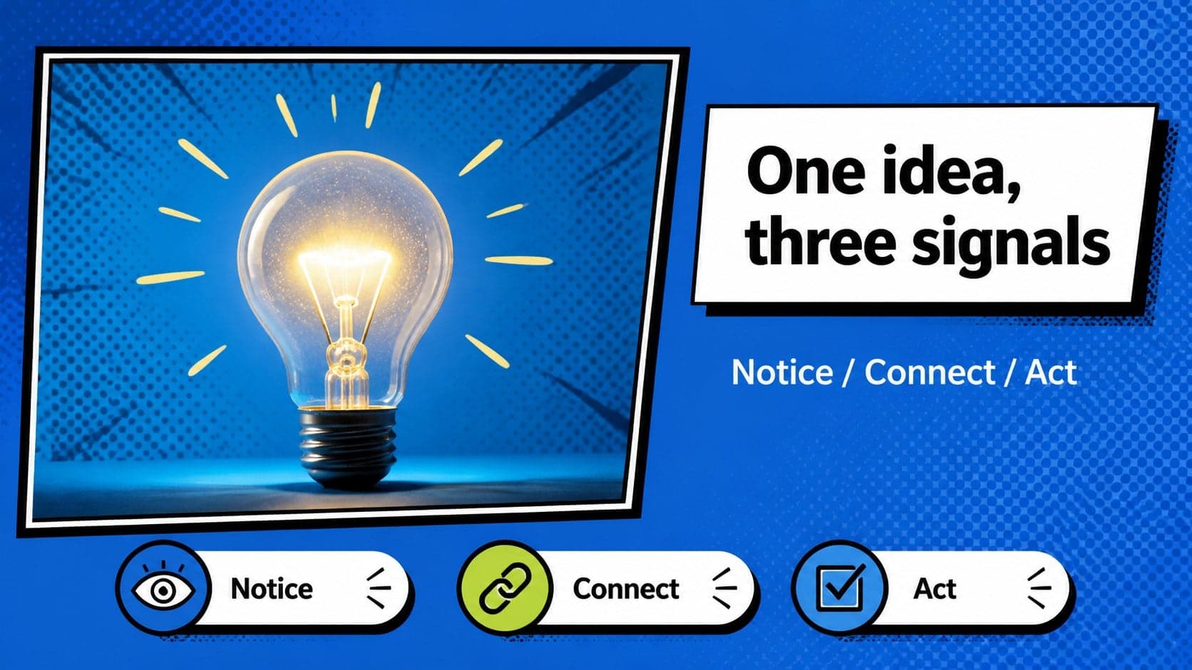 Image-led slide presenting a central idea in a blue comic style lesson presentation.