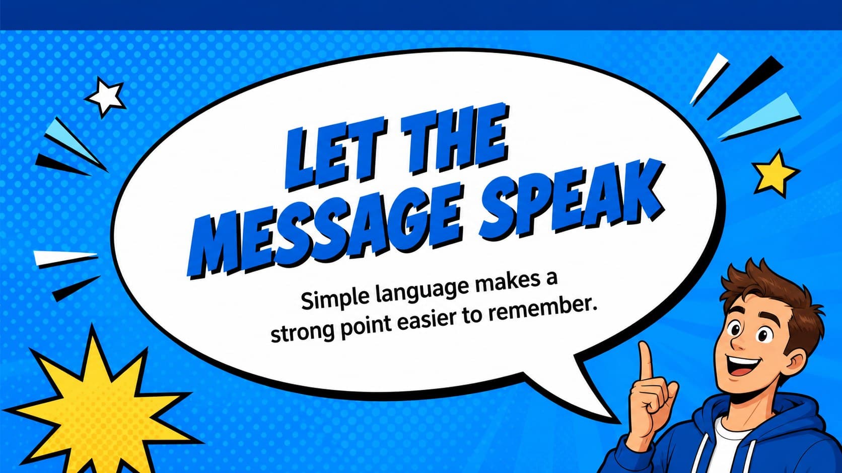 Speech bubble quote slide for a speech bubble pitch deck with bold blue comic graphics.