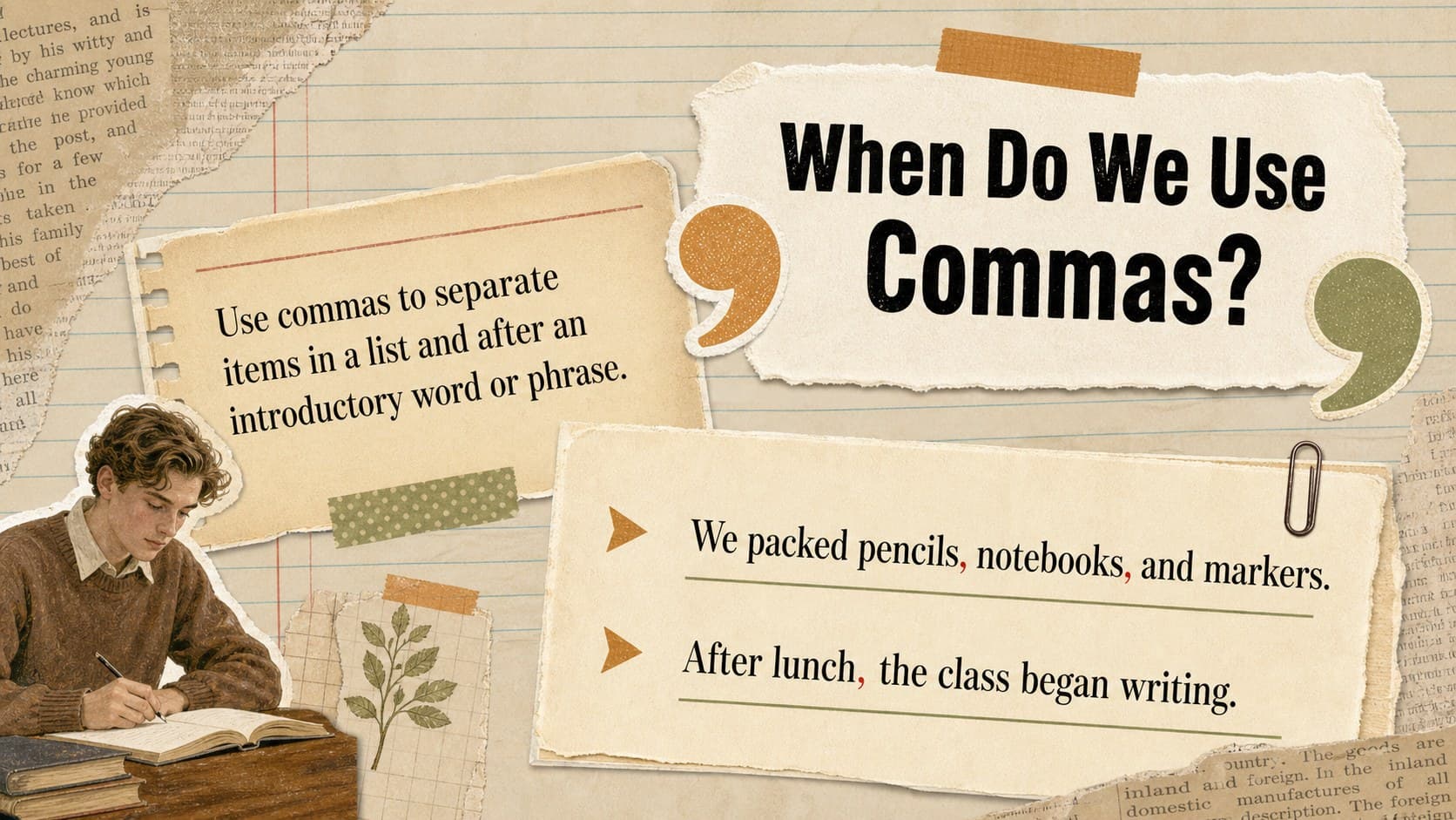 Comma rules practice slide explaining lists and introductory phrases with editable examples.