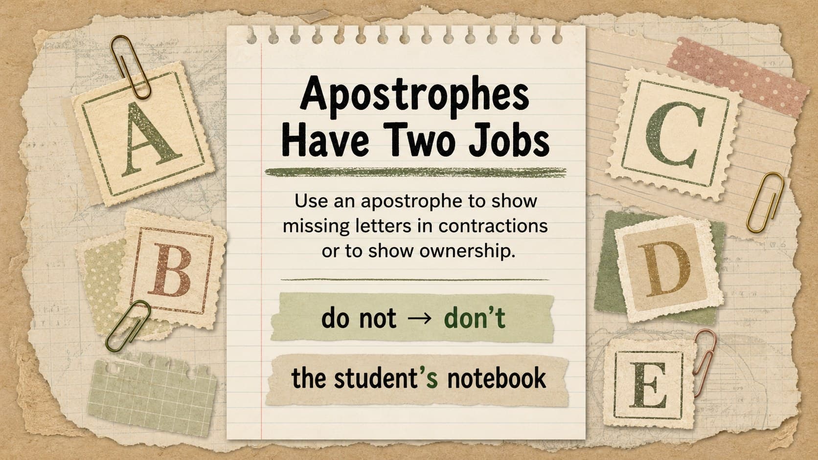 Apostrophe classroom activity slide covering contractions and singular possession.