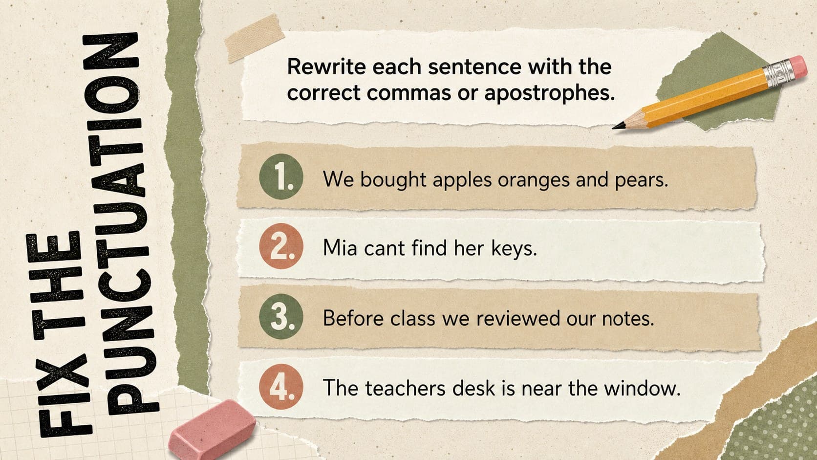 Editable commas and apostrophes worksheet with four sentence correction tasks.