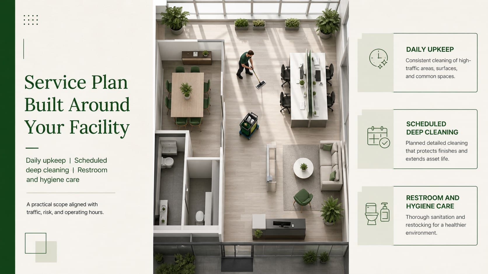 Commercial cleaning scope of work slide outlining tailored services for a modern office facility.