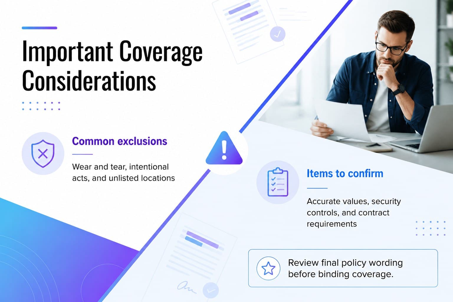 Insurance exclusions and considerations slide with clear policy review notes.