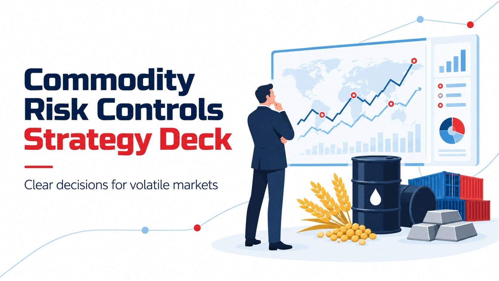 Cover slide for a commodity risk controls strategy deck with an illustrated trading dashboard and bold blue and red accents.