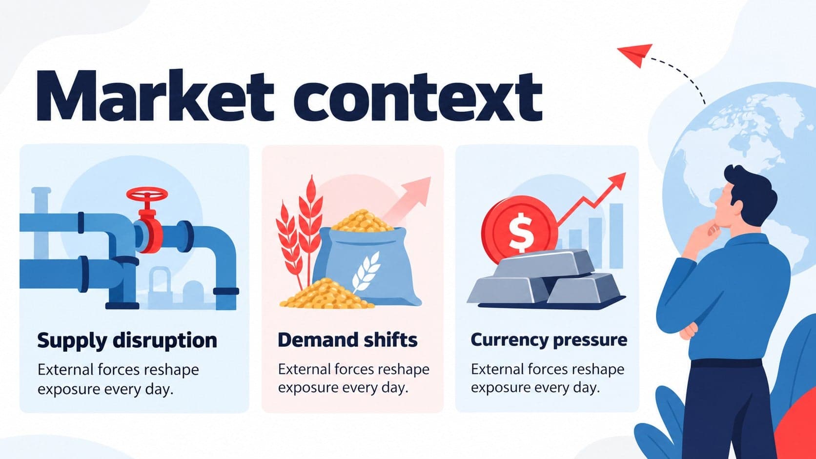 Commodity market overview slide showing price drivers and exposure signals.