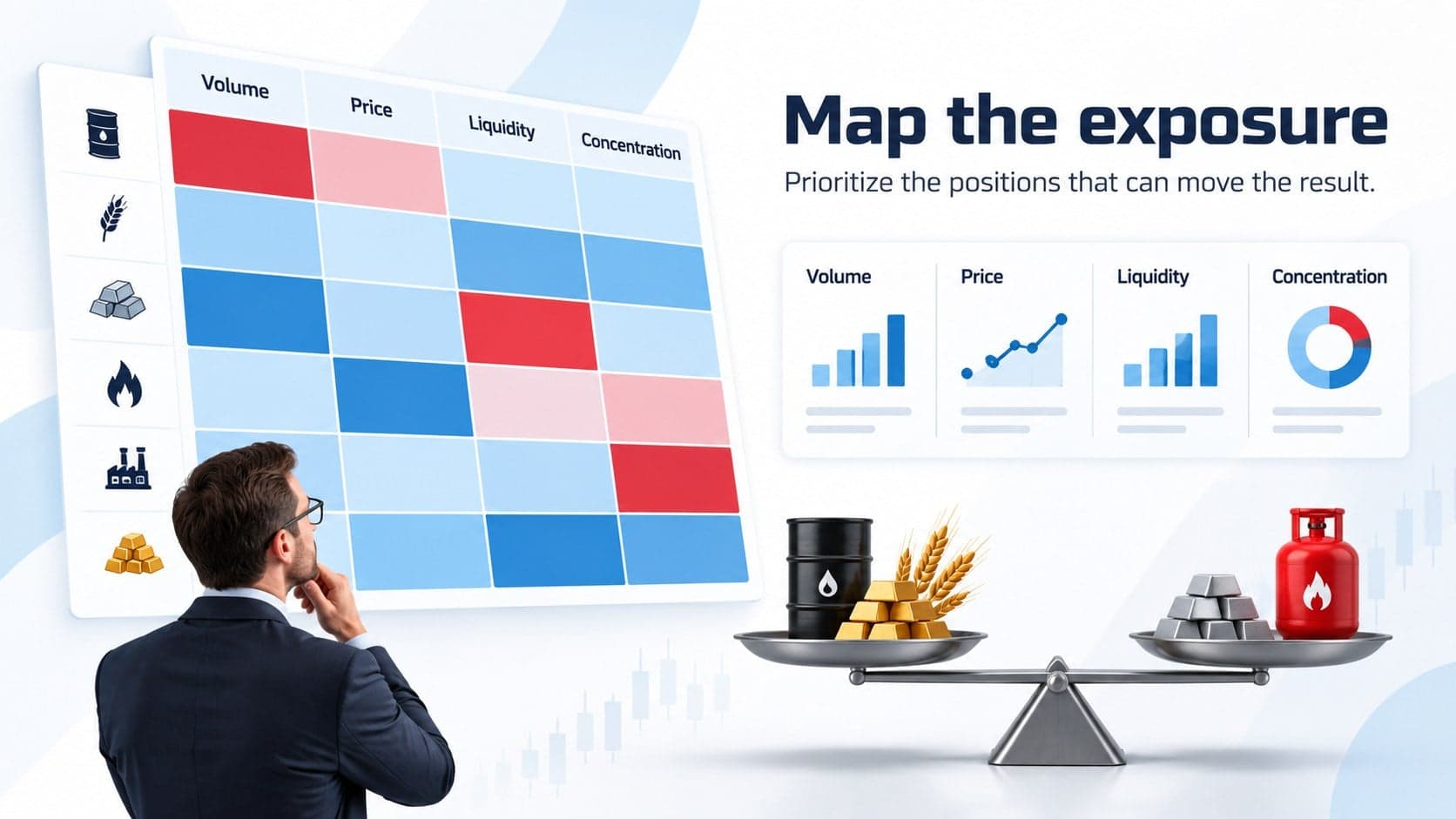 Commodity exposure assessment slide with a blue and red risk matrix.