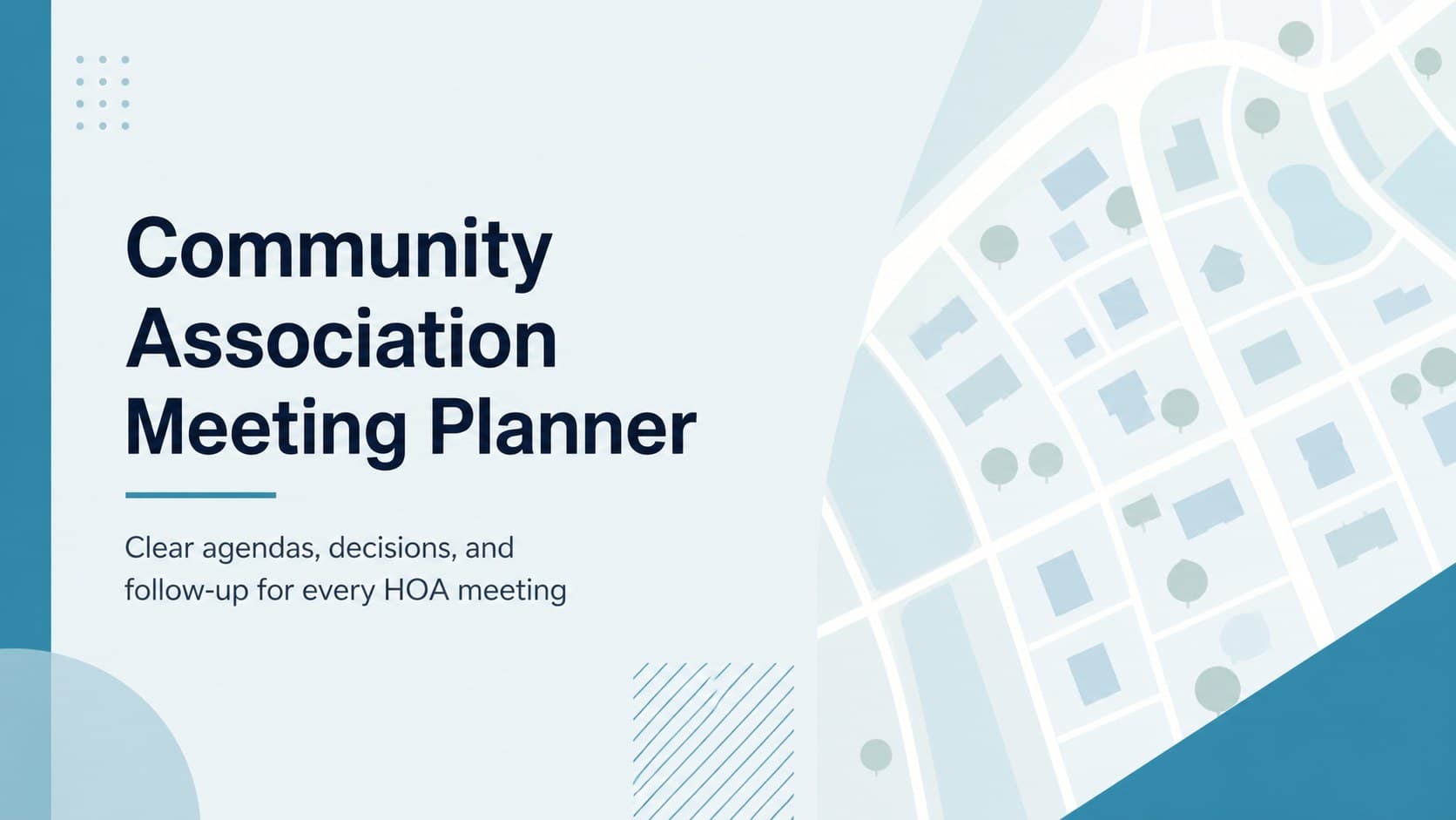 Blue pastel cover slide for a community association meeting planner with a clean neighborhood-focused layout.