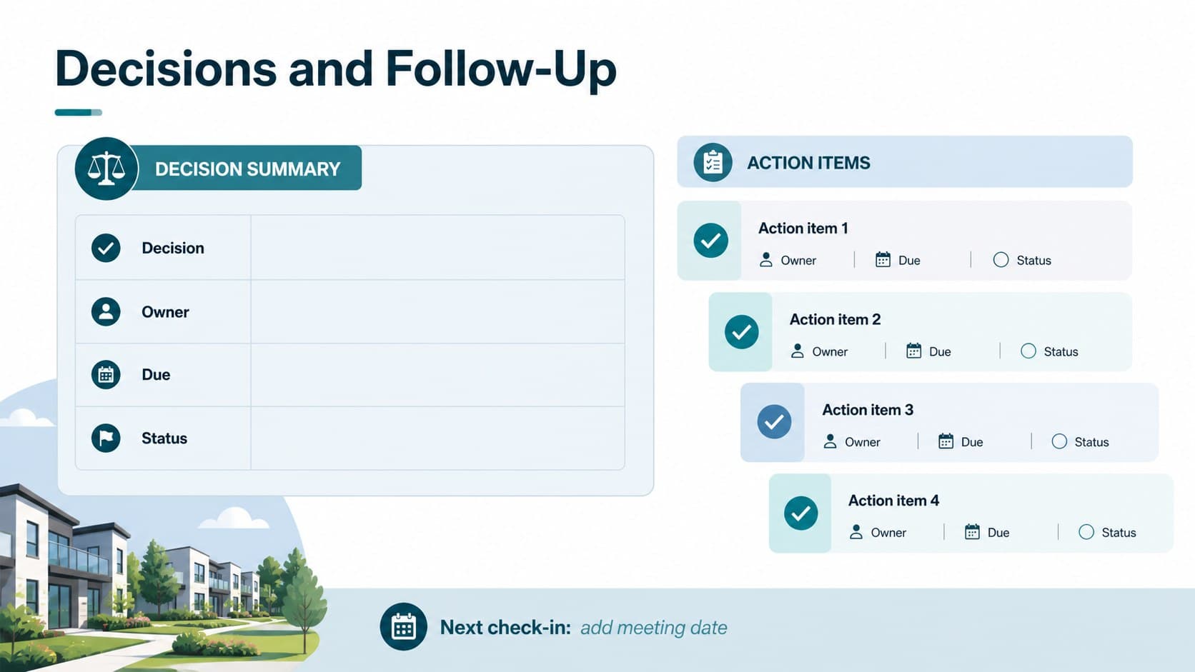 HOA meeting action plan slide summarizing decisions, task owners, deadlines, and follow-up notes in a blue pastel design.