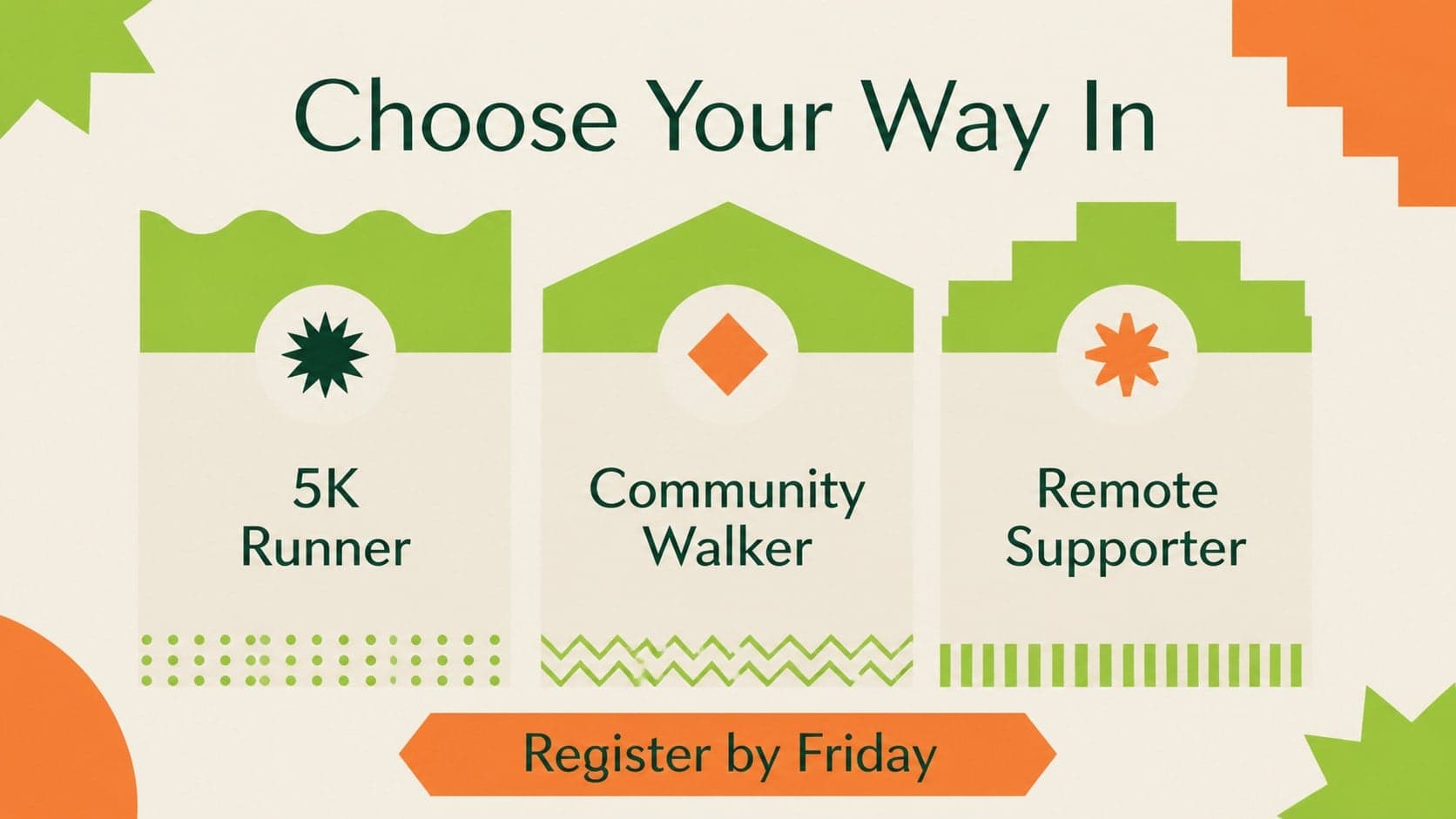 Charity race registration slide with clear participation choices for runners and supporters.