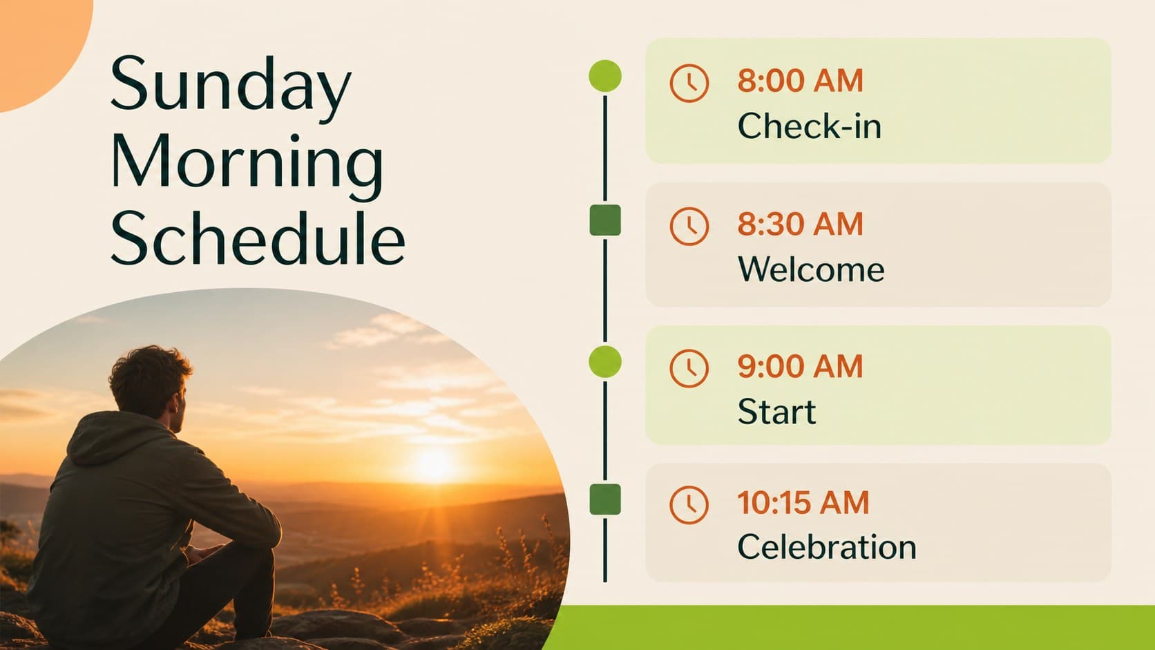 Community wellness event presentation slide outlining the Sunday morning schedule.