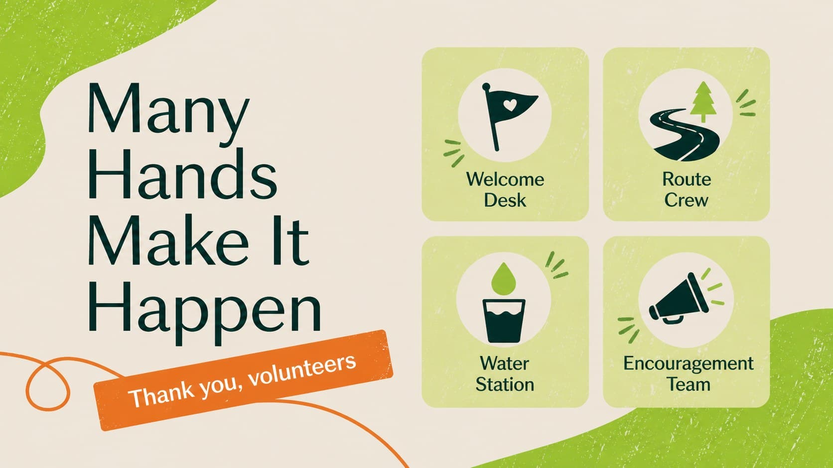 Volunteer run event briefing slide showing practical roles for a smooth community race.
