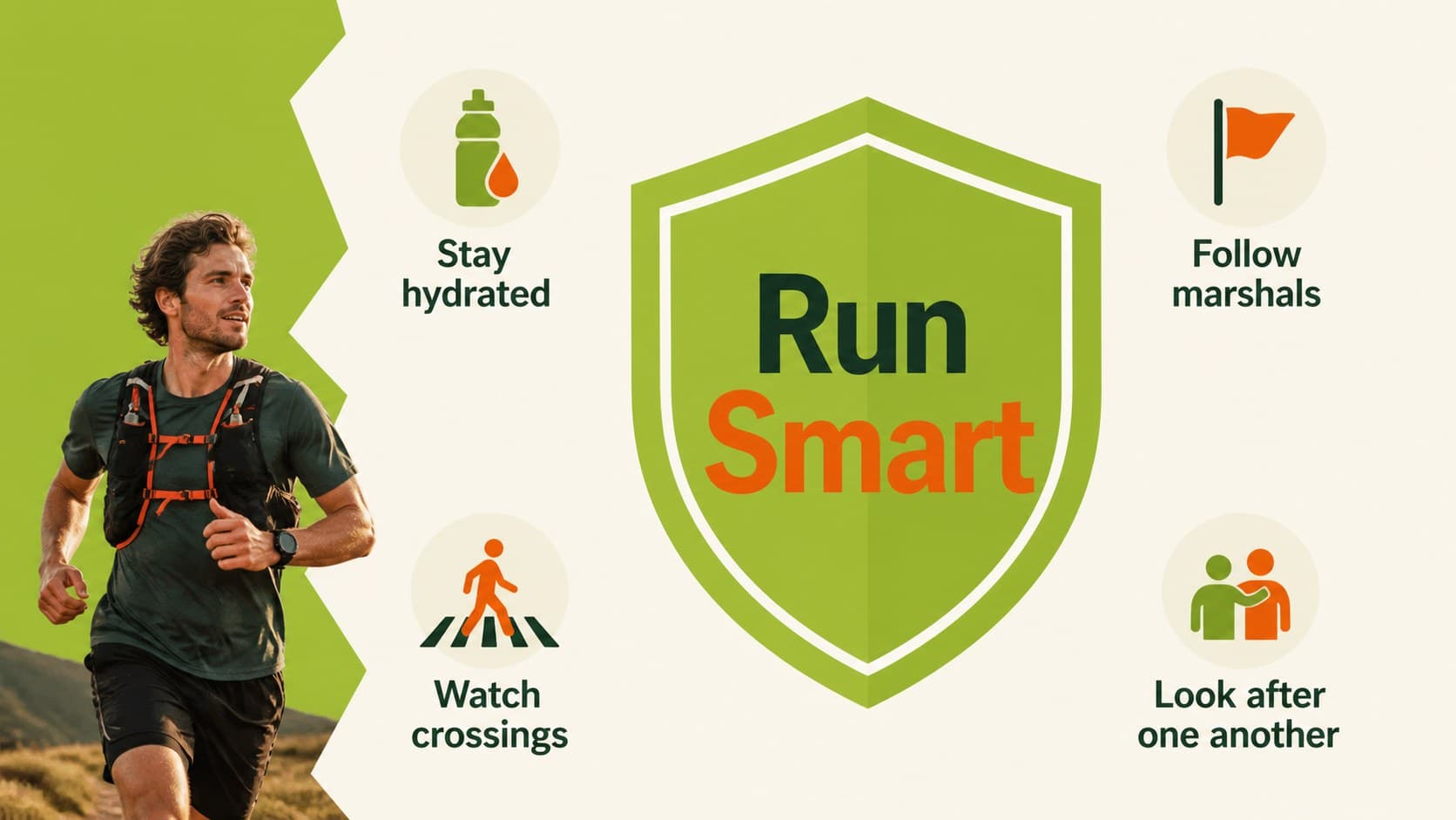 Community charity run presentation slide with safety reminders arranged around a bold central icon.