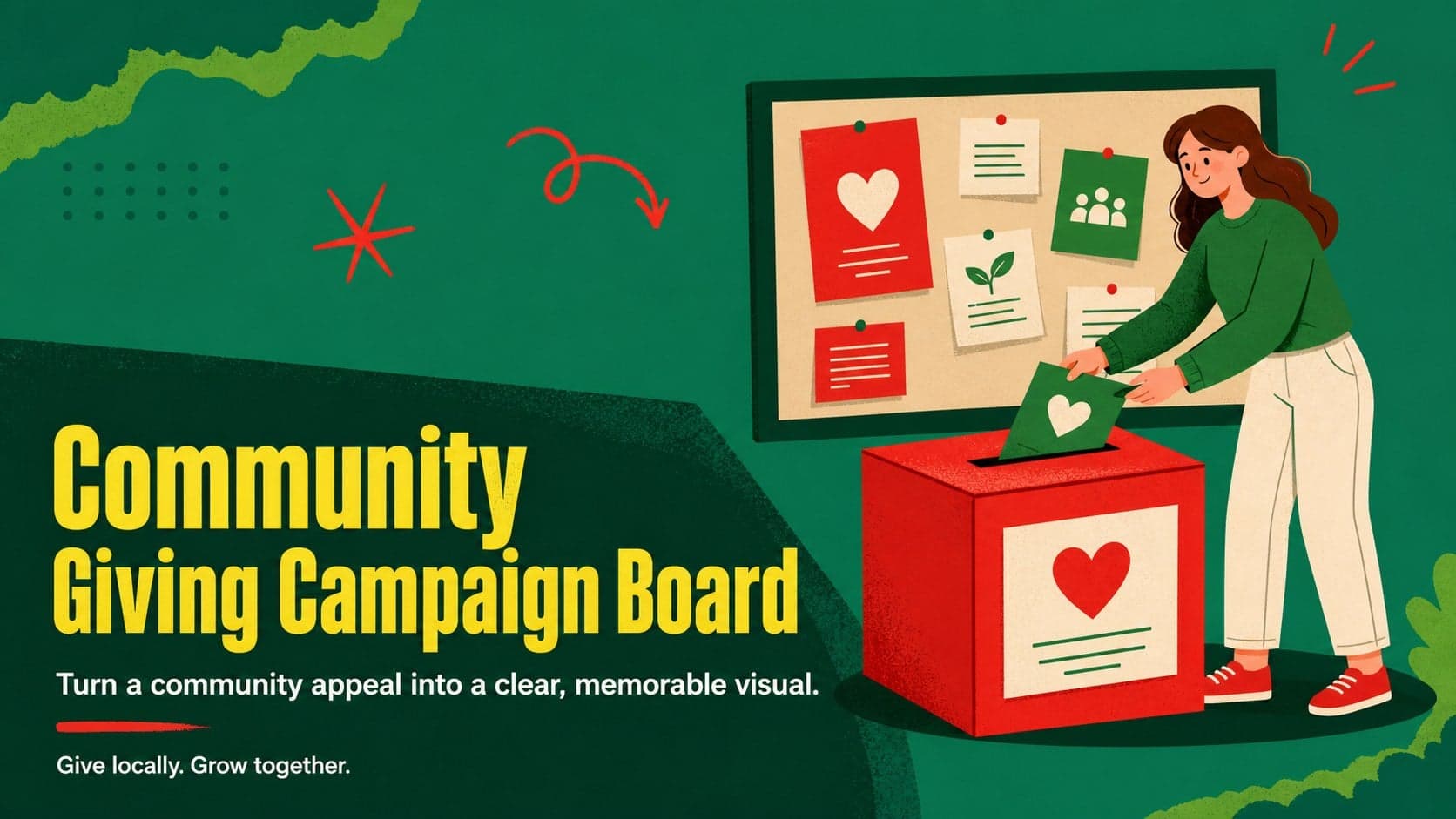 Cover slide for a community giving campaign board showing an illustrated donation appeal in green and red.