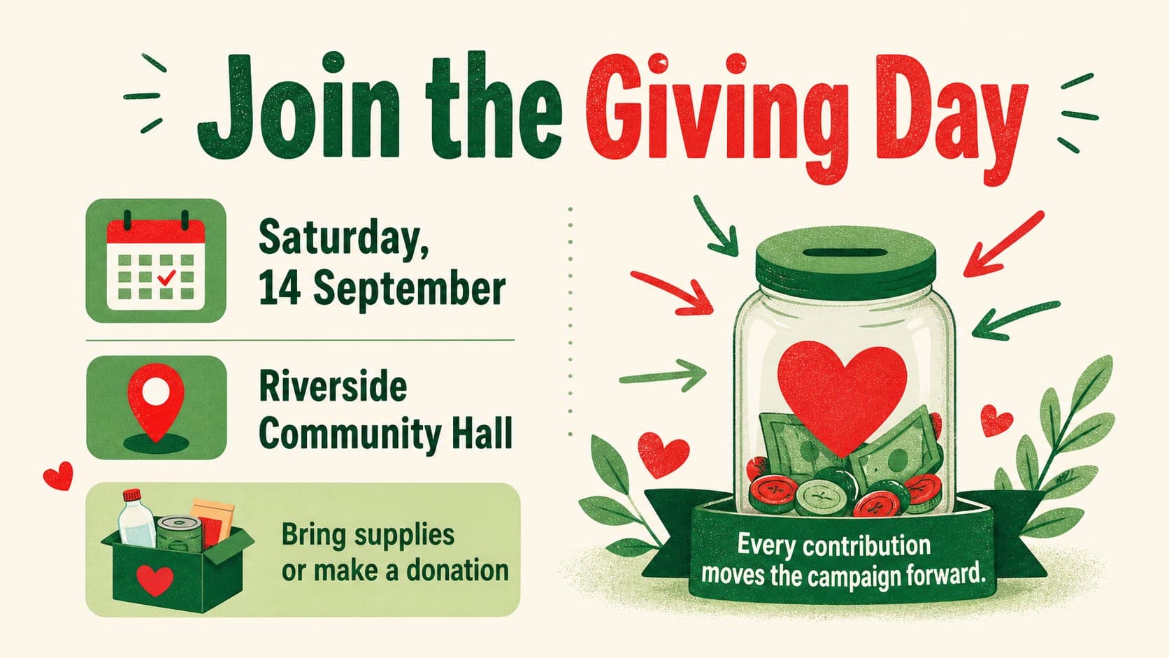 Campaign details slide presenting charity event information and donation instructions for a community giving poster.