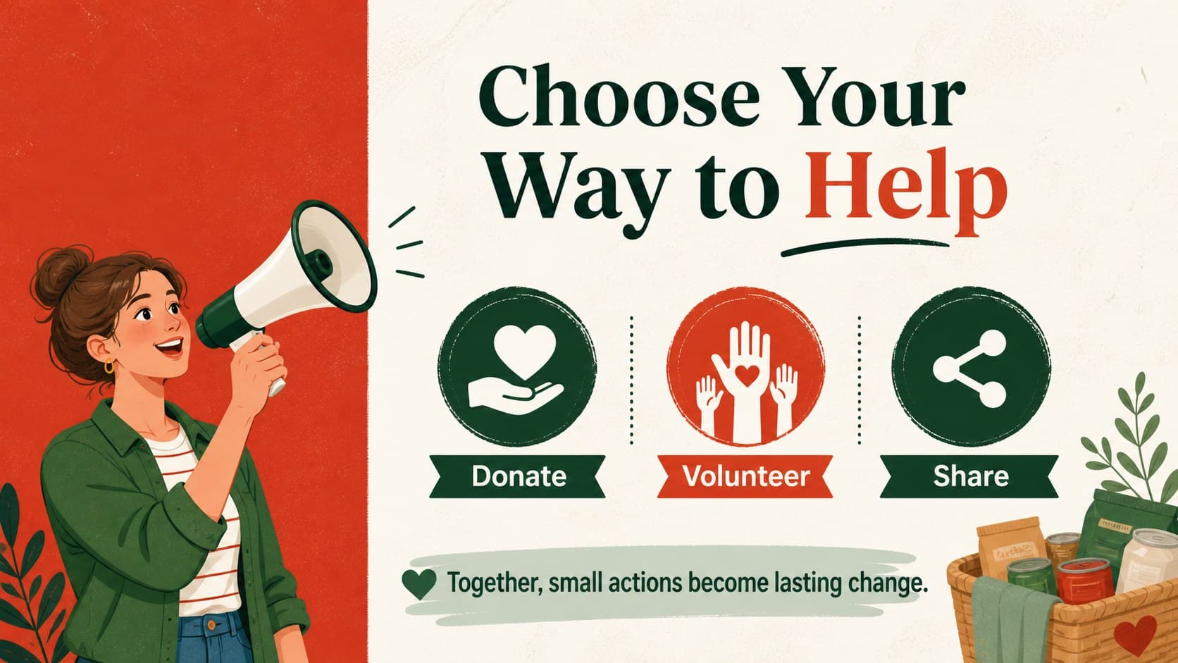 Volunteer action slide outlining ways to support a nonprofit campaign with an illustrated green and red call to action.