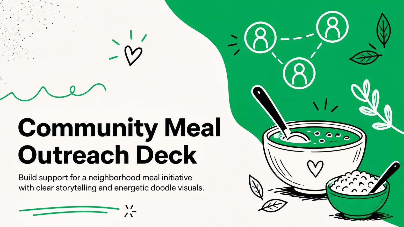Cover of a community meal outreach deck with playful green, white, and black doodle graphics.