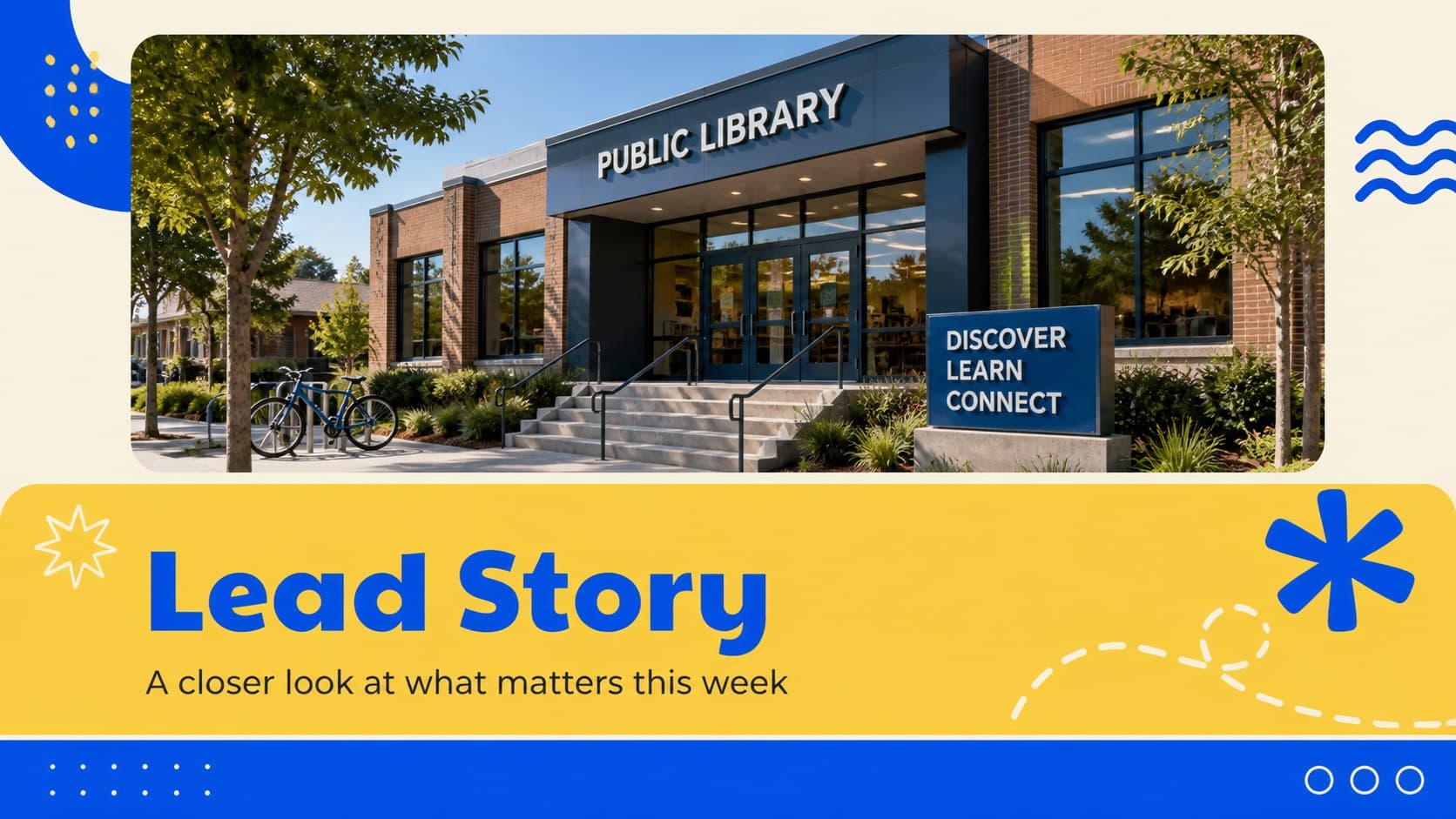 Lead story slide presenting a community headline with an image area and blue-yellow accents.