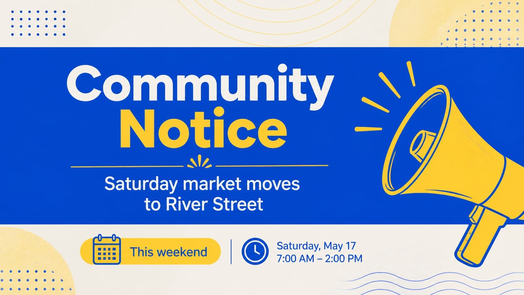 Announcement slide showing a highlighted notice for a weekly community newsletter format.