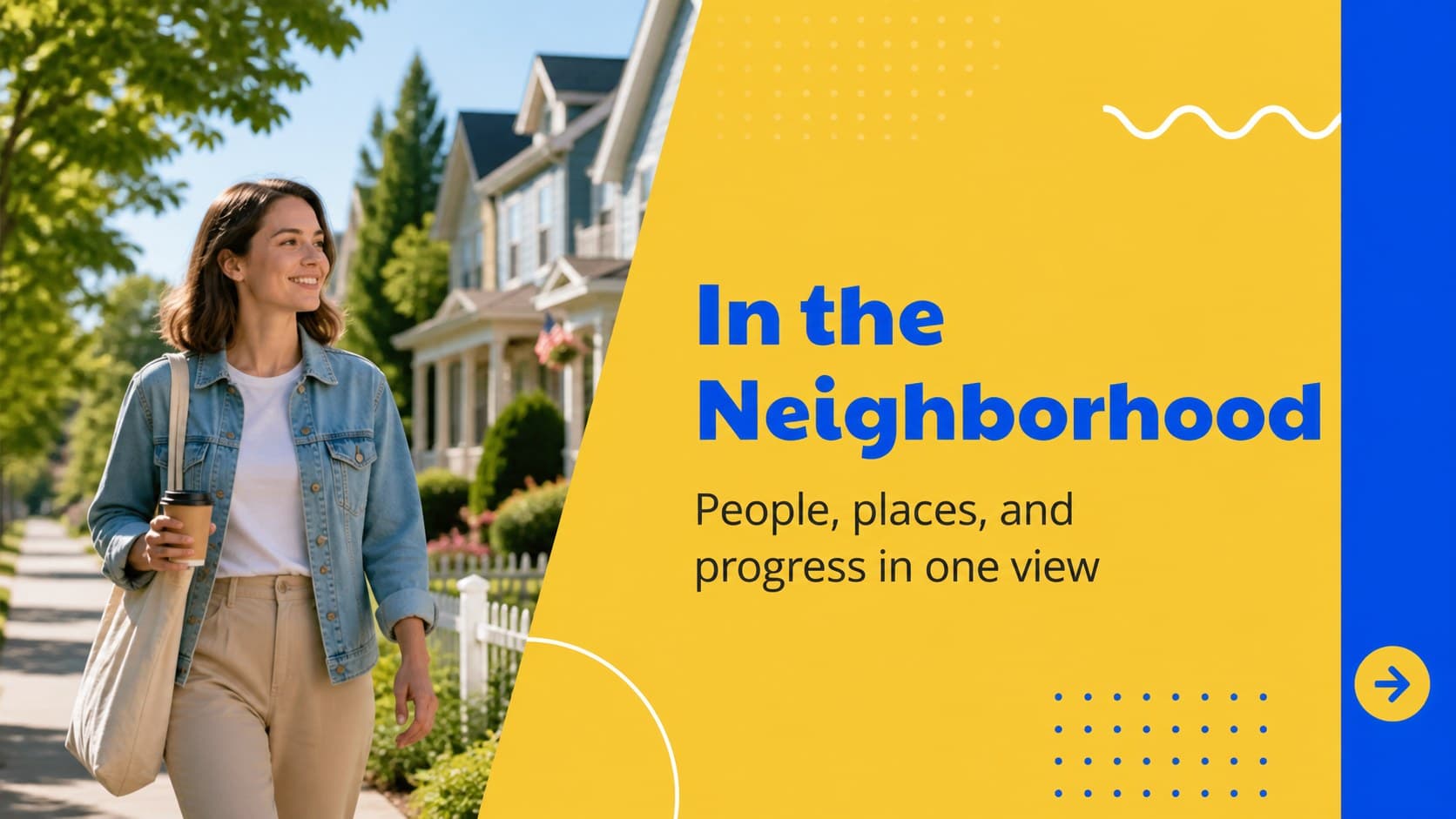 Photo feature slide with a neighborhood image and editorial caption for community reporting.
