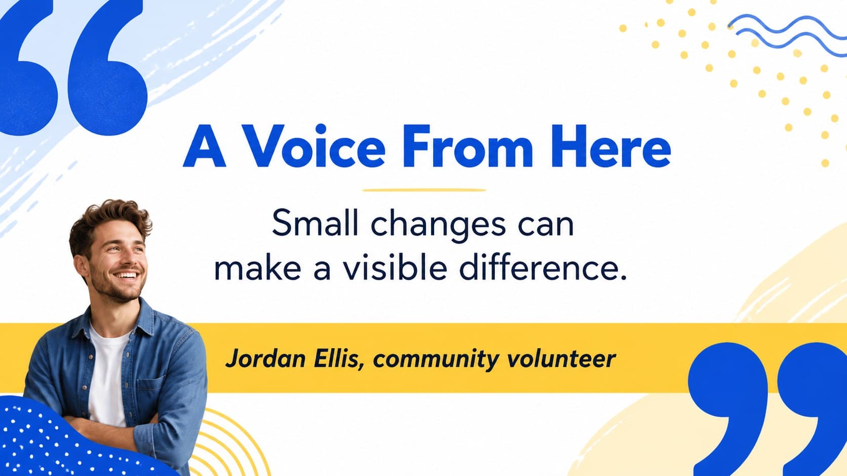 Quote card slide featuring a resident voice in a bright blue-and-yellow editorial layout.