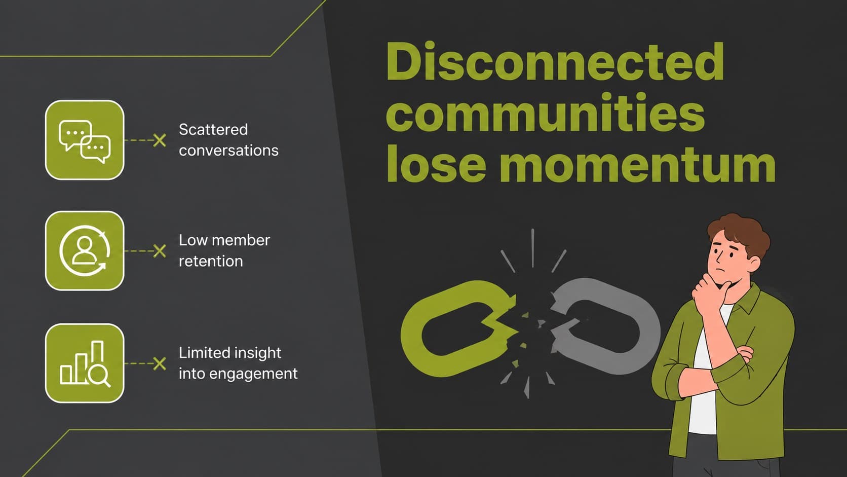 Problem statement slide for a digital community startup presentation with disconnected user illustrations.