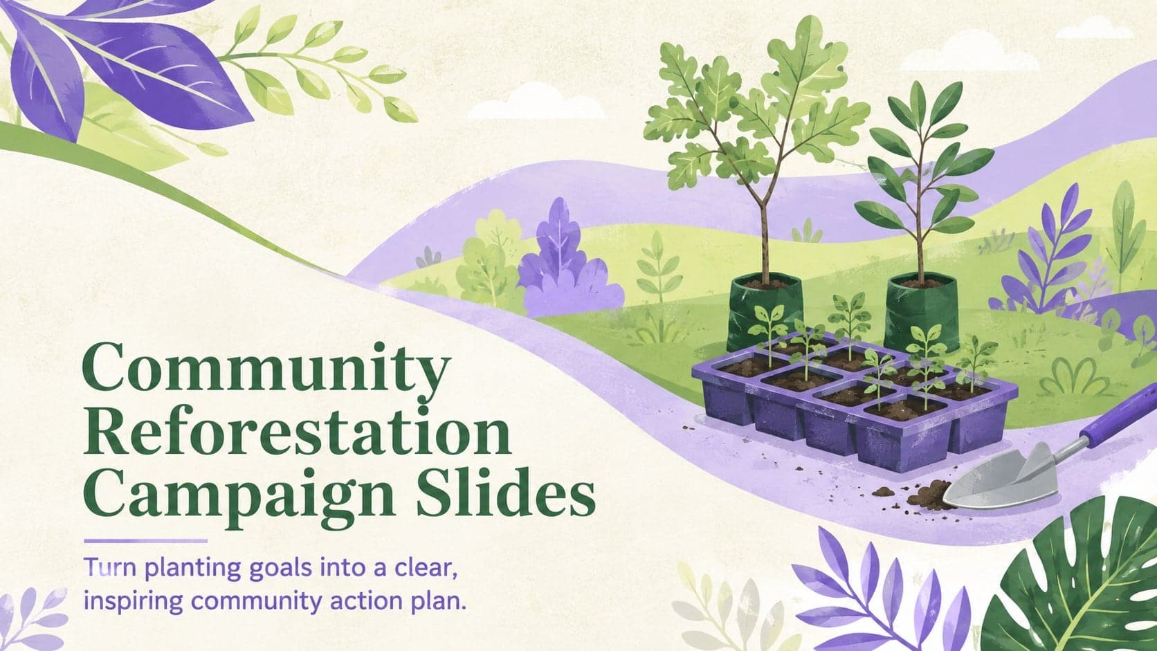 Cover for Community Reforestation Campaign Slides with pastel botanical artwork in green and purple.