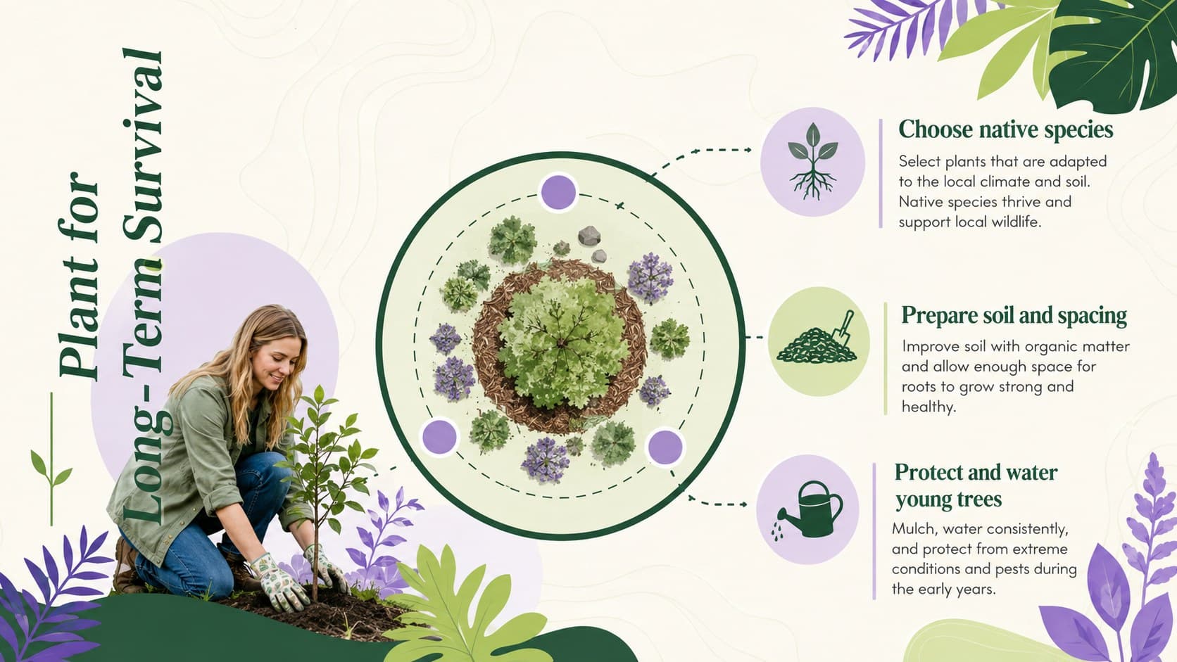 Tree planting strategy slide presenting native species selection, site preparation, and aftercare priorities.
