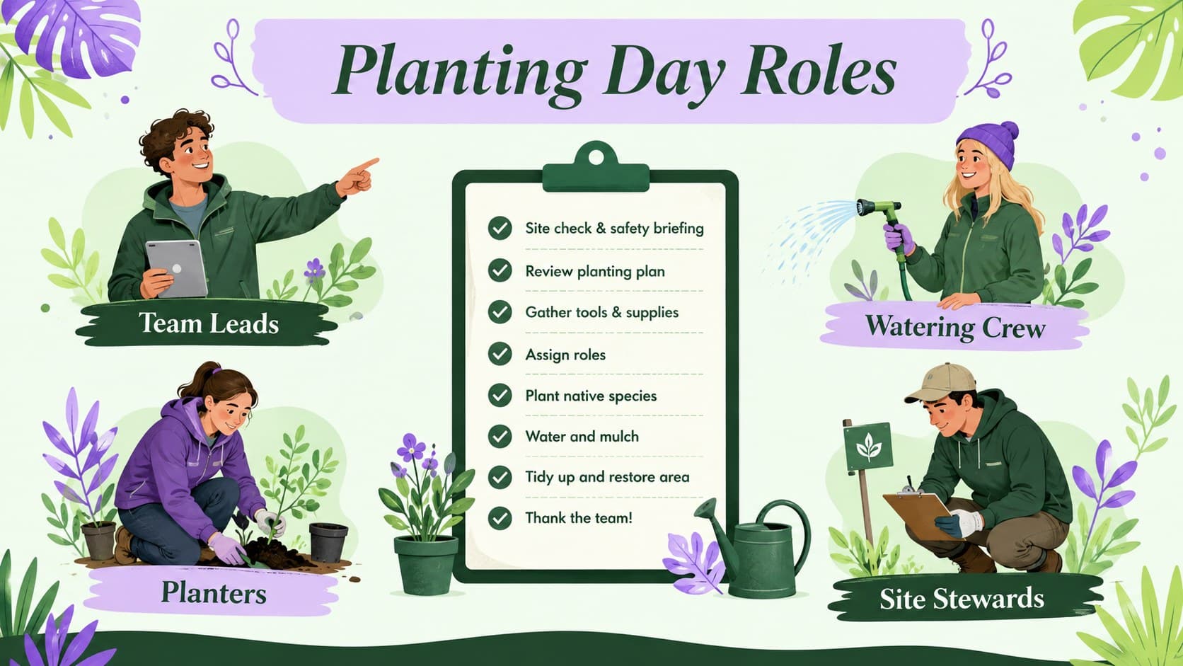 Volunteer tree planting proposal slide assigning roles for planting day.