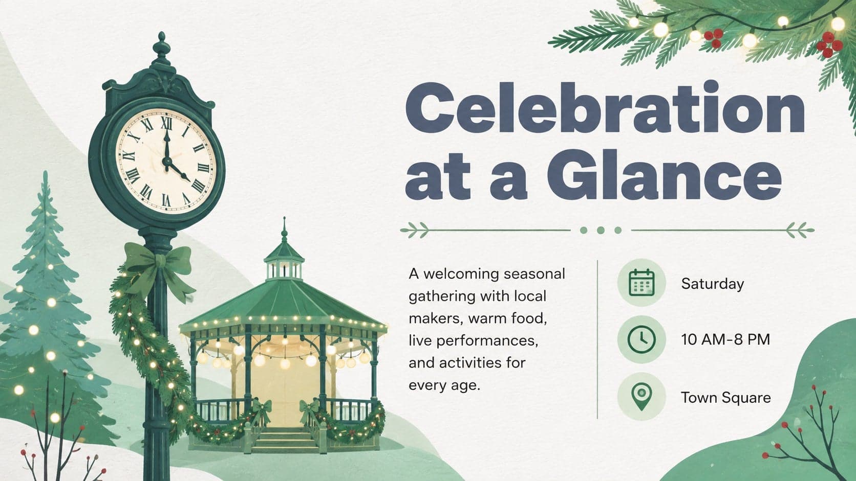 Winter community event presentation template showing a concise celebration overview and key event details.
