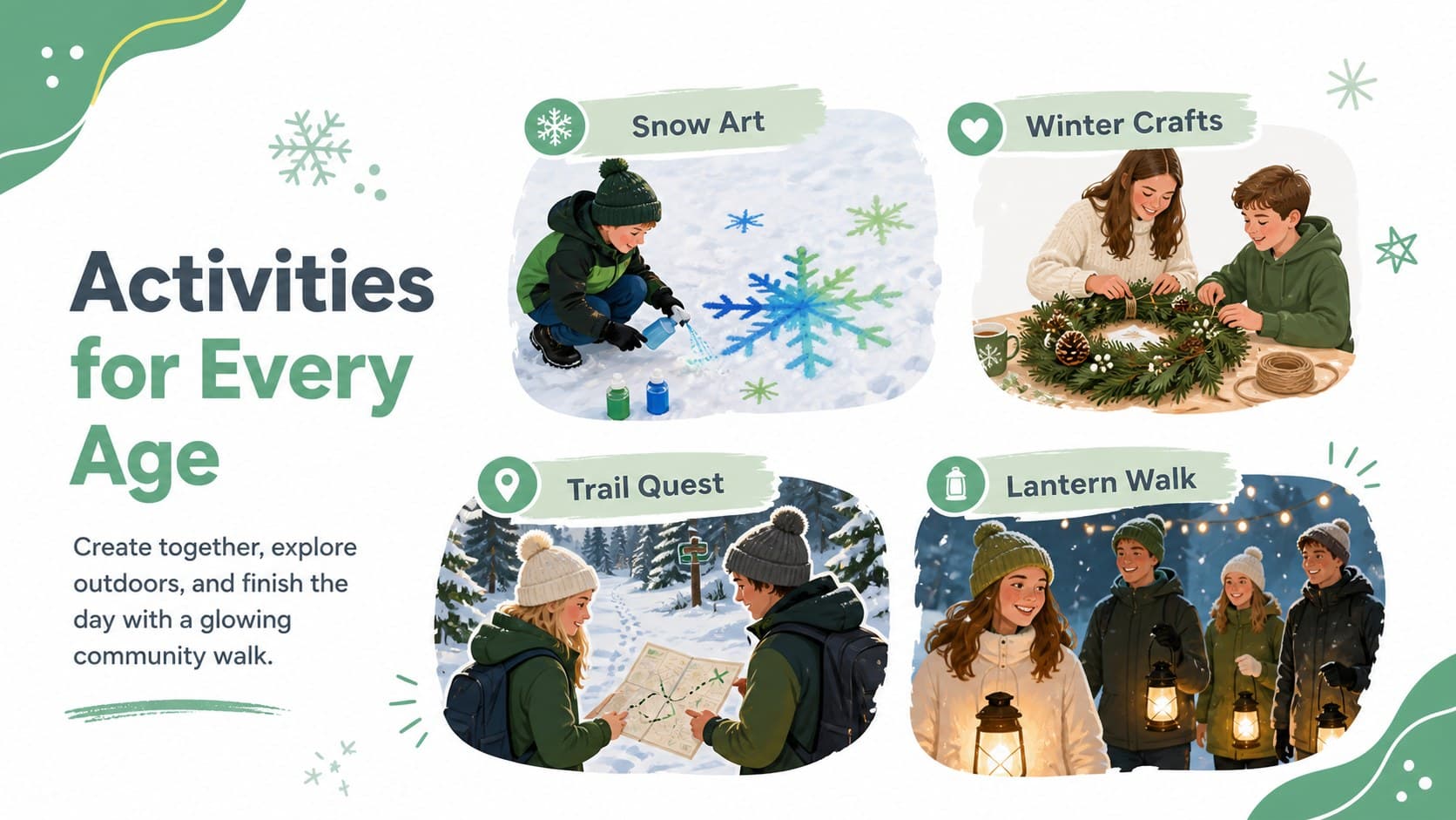 Illustrated cold weather event deck slide featuring family activities, crafts, games, and a lantern walk.