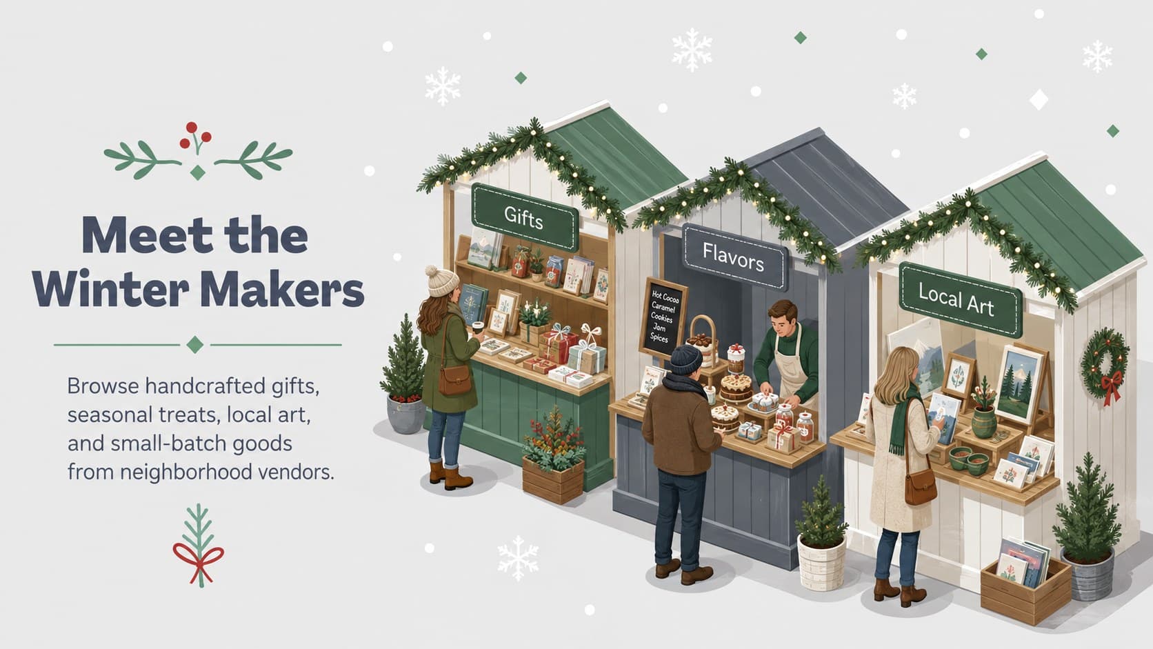 Holiday market planning slide deck page highlighting makers, gifts, food stalls, and local vendors.