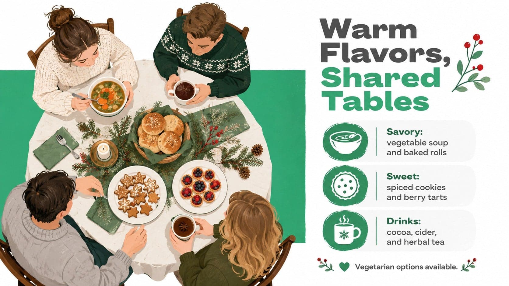 Family winter celebration PowerPoint theme slide presenting seasonal food, warm drinks, and dessert options.