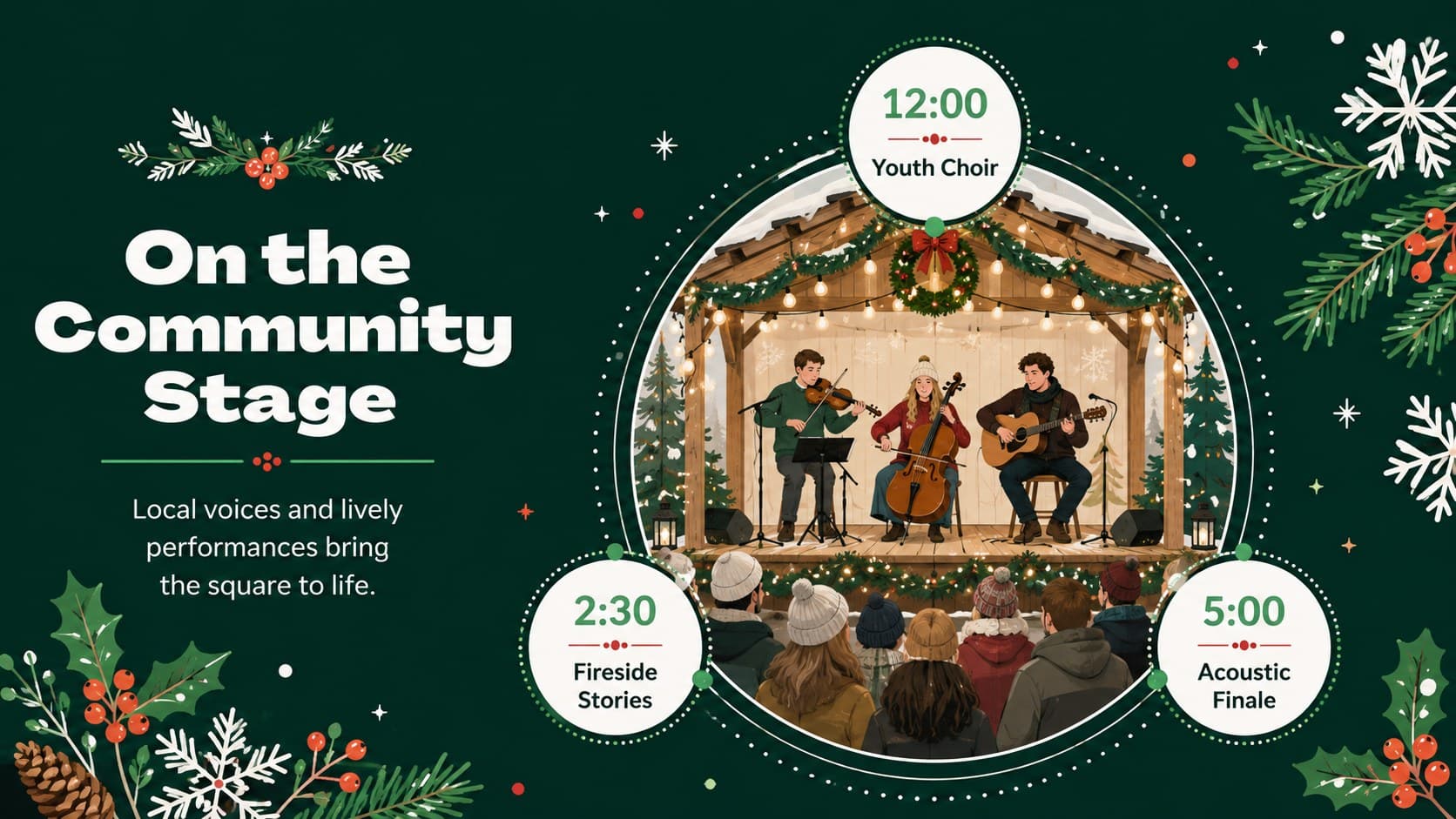 Seasonal festival agenda Google Slides layout introducing live music, storytelling, and community performances.