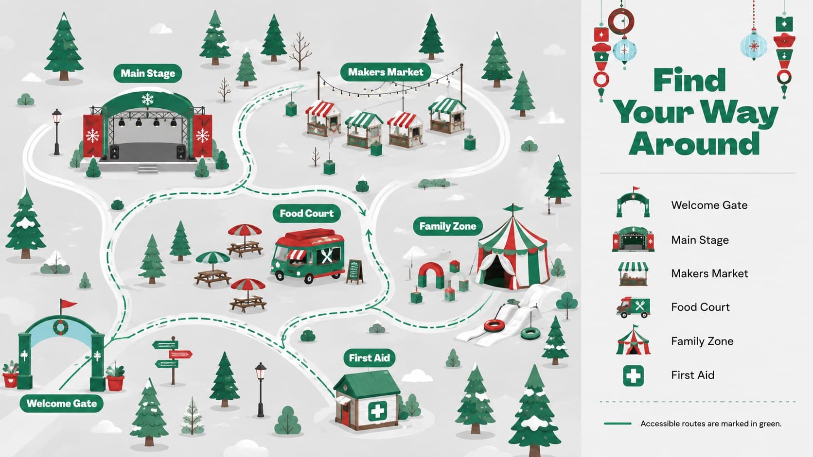 Winter celebration venue guide with an illustrated map of stages, markets, food, and family activity areas.