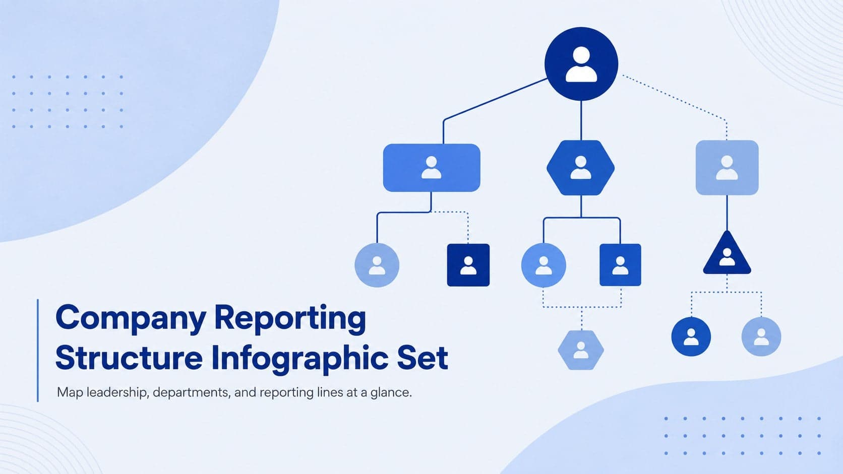 Blue cover for a Company Reporting Structure Infographic Set with connected role nodes and modern corporate typography.