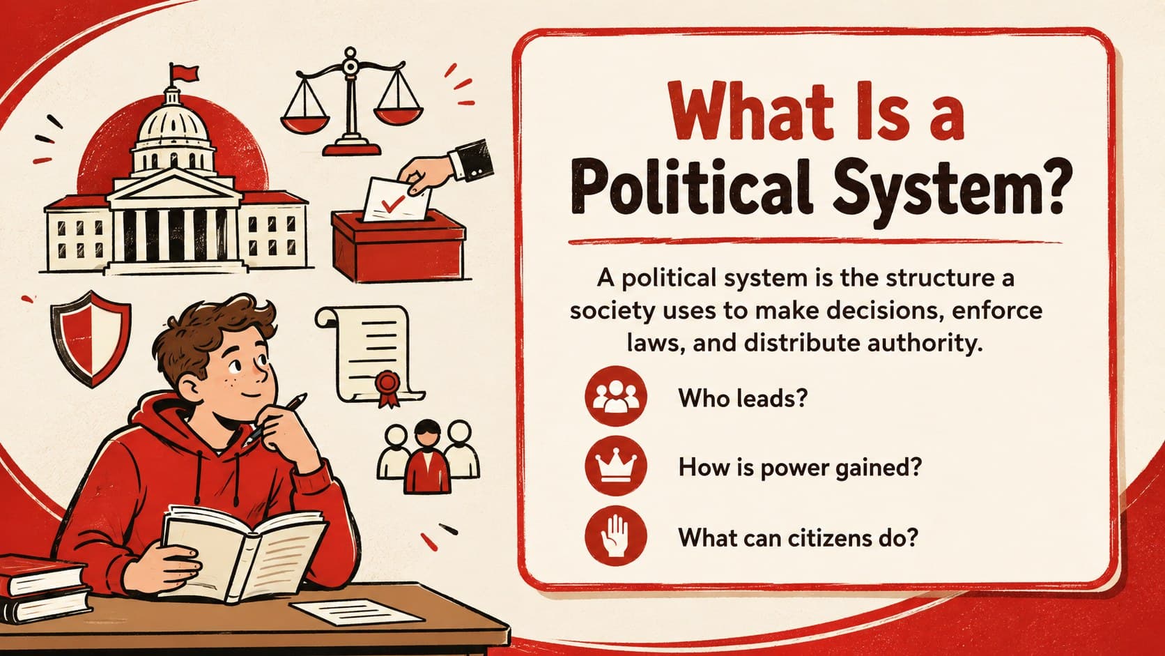 Introductory government structures slide defining a political system with three guiding questions.
