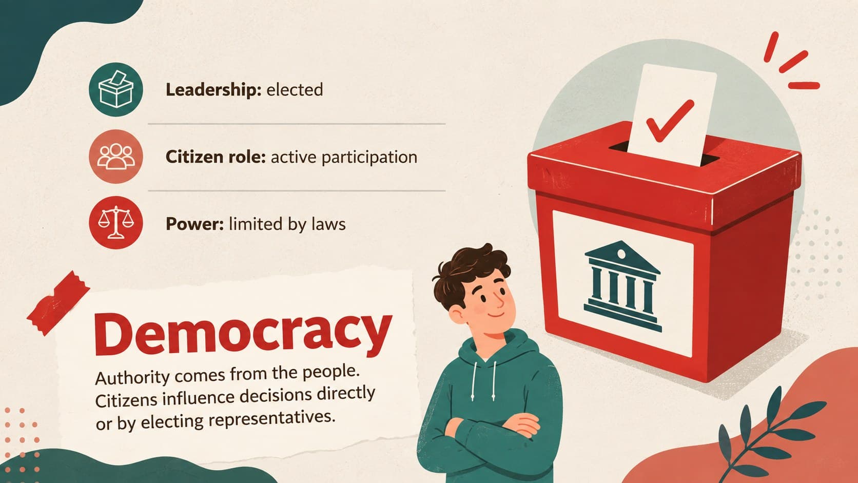 Democracy profile slide explaining elections, shared authority, and citizen participation.