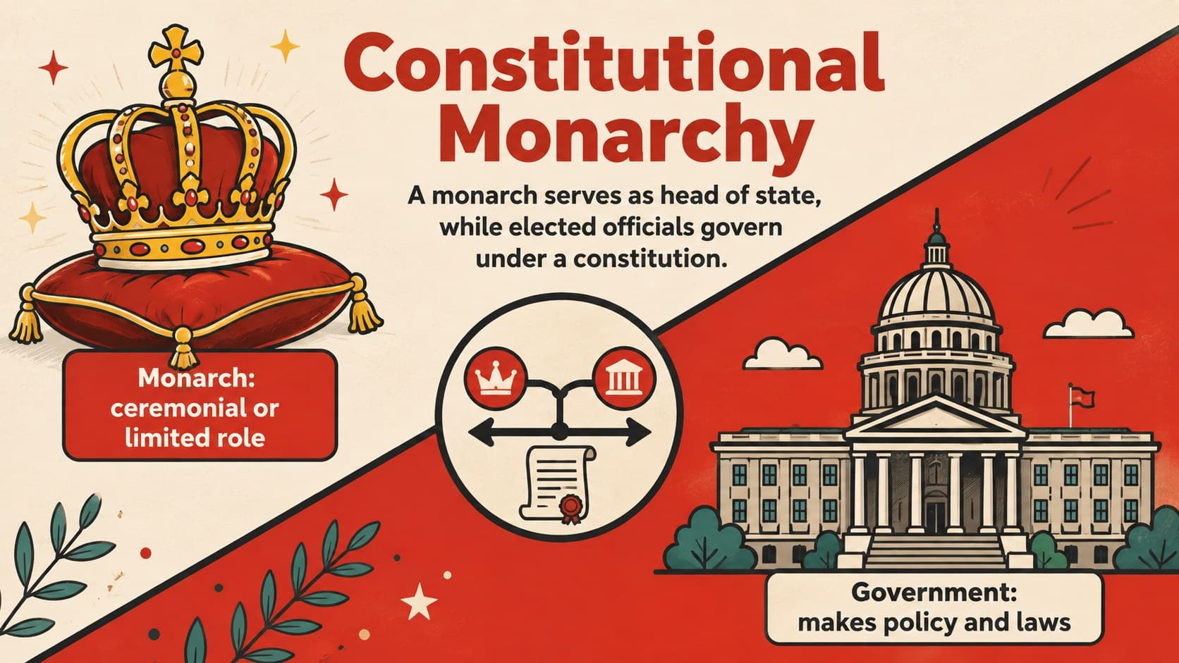 Constitutional monarchy lesson slide showing how a monarch and elected government share distinct roles.